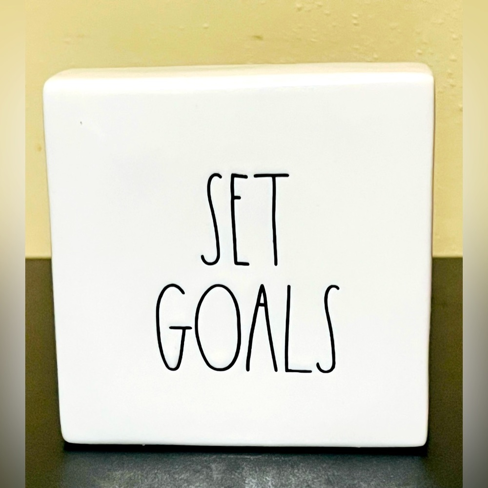 Rae Dunn Set Goals Crush Them - Desk or Shelf Sitter NWOT 4x4 black lettering